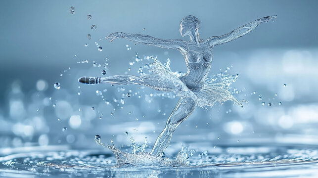 A stunning water sculpture resembling a ballerina mid-dance, splashing gracefully on a rippled surface, blending art and fluid motion.