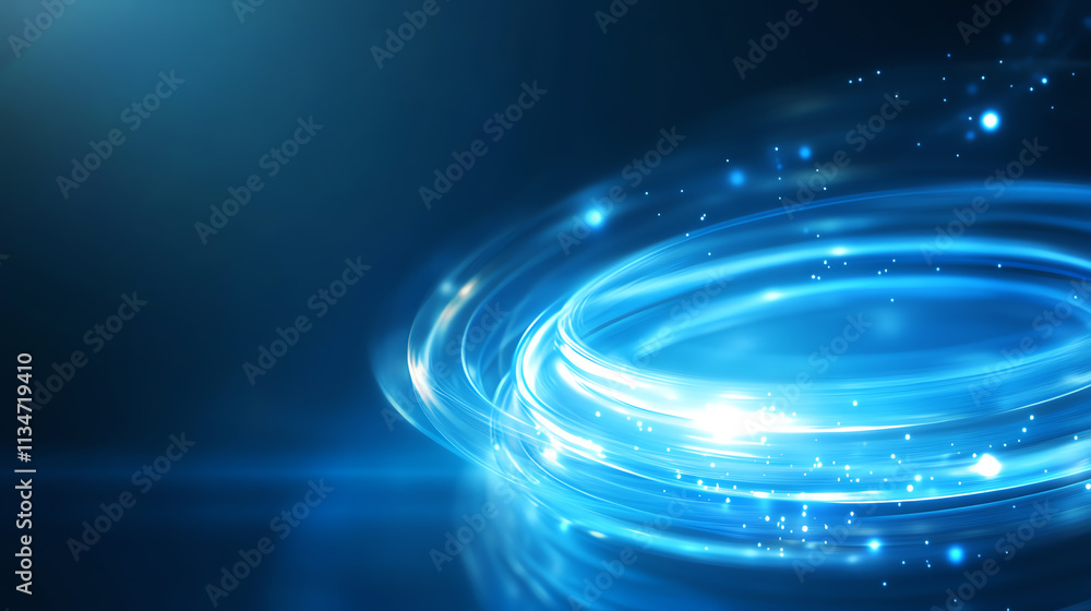 Poster abstract blue light swirl design with glowing particles and smooth curves.
