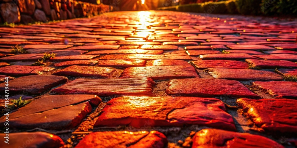 Poster A Stone Path bathed in the golden glow of the setting sun, creating a mesmerizing scene of warm light and textured surfaces.