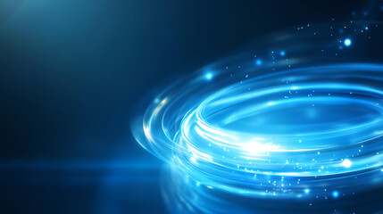 Abstract blue light swirl design with glowing particles and smooth curves.