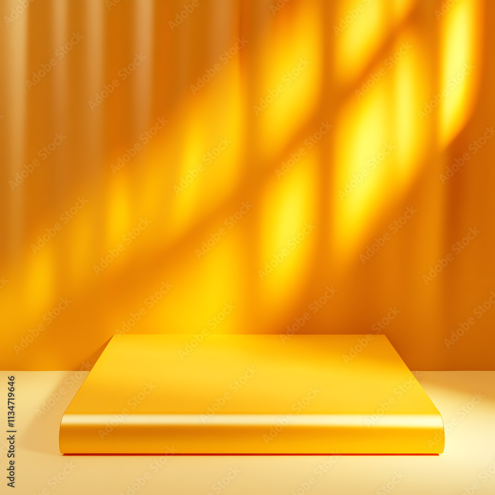 Poster A bright yellow display platform with soft lighting and vibrant backdrop.