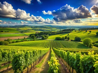 Fototapeta premium Breathtaking Summer Rural Landscape Featuring Lush Green Vineyards Under a Clear Blue Sky with Vibrant Nature and Scenic Views Perfect for Travel and Agriculture Themes