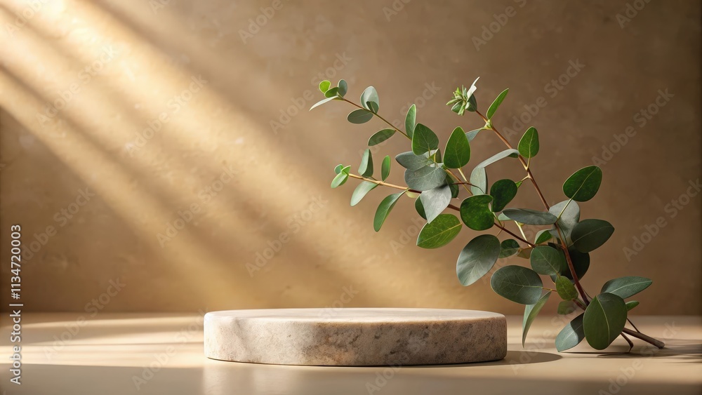 Aufkleber Sunlight illuminates a round marble pedestal with a sprig of green leaves cascading beside it, creating a serene and minimalist scene.