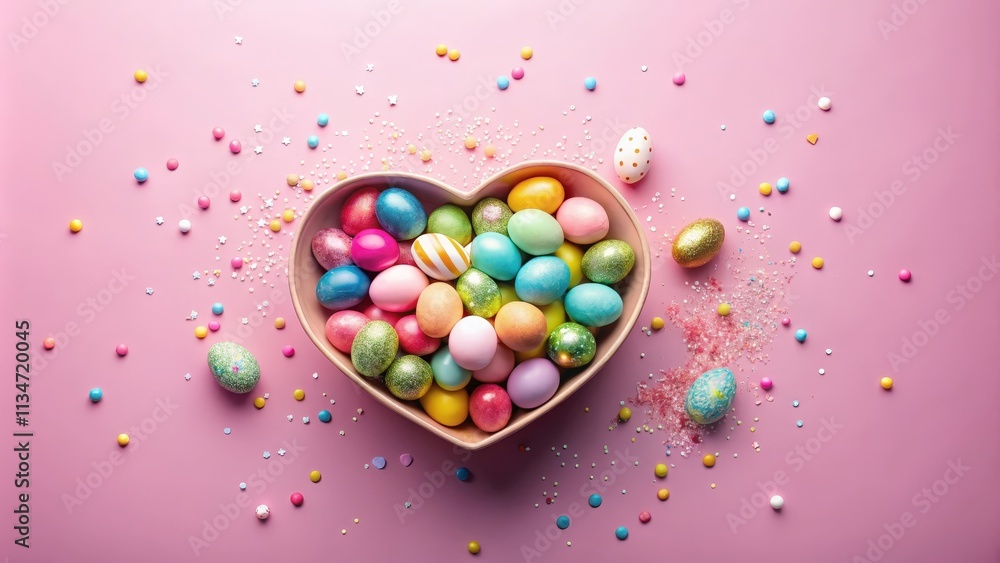 Poster a heart-shaped bowl overflowing with brightly colored easter eggs, surrounded by a scattering of col
