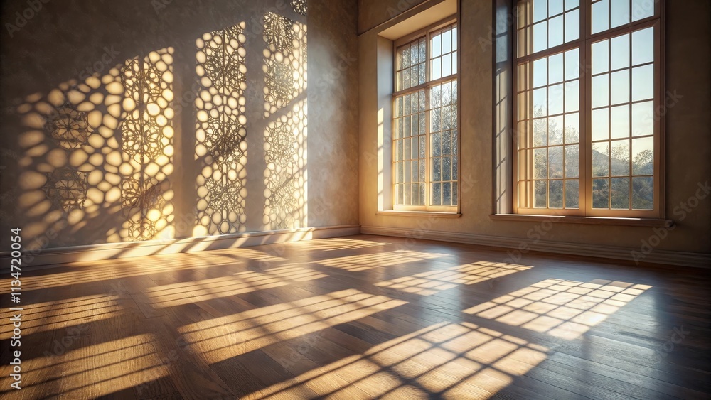 Poster Sunlight streams through windows casting intricate patterns on the hardwood floor of an empty room