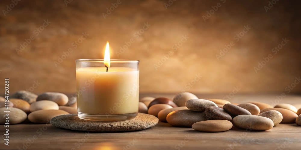Poster a lit candle and smooth stones on a wooden surface, creating a serene and tranquil atmosphere