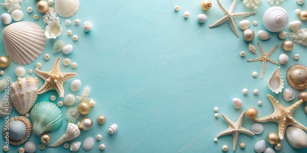 Poster seashells and starfish on a turquoise background with a copy space for a summer design