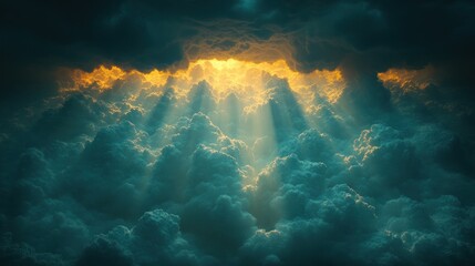 Obraz premium A dramatic sky filled with clouds and rays of light breaking through.