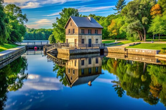 Scenic View of the Lock Tender's House at Rapide Croche Lock and Dam on Fox River, Near Wrightstown, Wisconsin - A Tranquil Landscape of Waterways and History