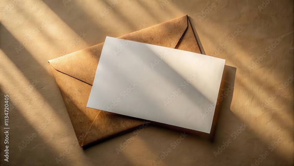 Poster A blank card resting inside a brown envelope, illuminated by a gentle stream of sunlight casting long shadows across a textured background.