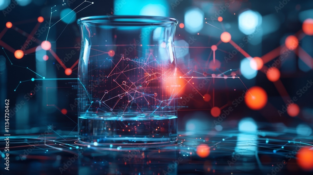 Poster a glass sits on a reflective surface, surrounded by abstract digital patterns and glowing spheres, s