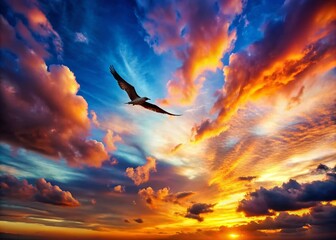 Obraz premium Breathtaking Sunset with Dramatic Clouds Framing a Bird's Wing Silhouette in Candid Photography - Nature's Beauty Captured in a Moment of Serenity