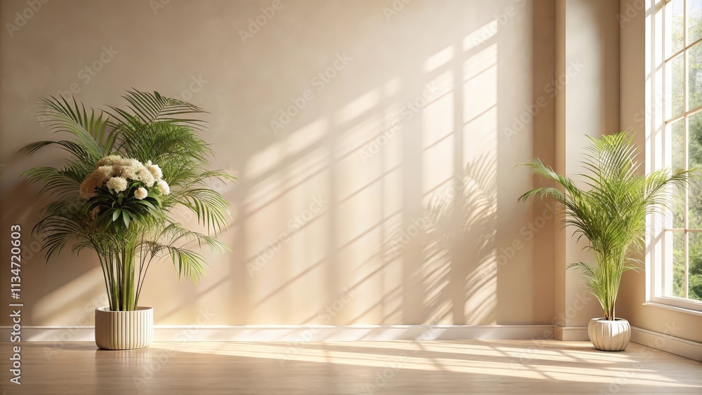 Poster Sunlight streams through a window casting shadows on a beige wall, illuminating two potted plants in a minimalistic room.