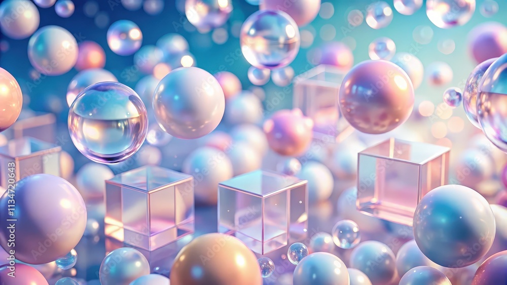 Poster A whimsical abstract backdrop of pastel-colored spheres and translucent cubes floating against a soft blue and pink gradient