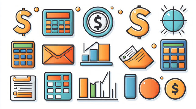 Illustration features tax related symbols like calculator dollar sign and tax form on clean white background. design emphasizes finance modern aesthetics and simplicity.