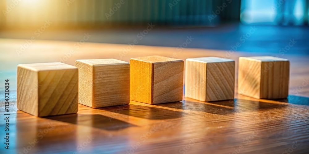 Poster Five Wooden Blocks Aligned in a Row on a Wooden Surface with Sunlight Streaming Through a Window