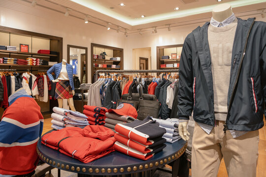 Shenzhen, China - February 06, 2019: interior of a Tommy Hilfiger store. Tommy Hilfiger is an American clothing brand owned by PVH Corp.
