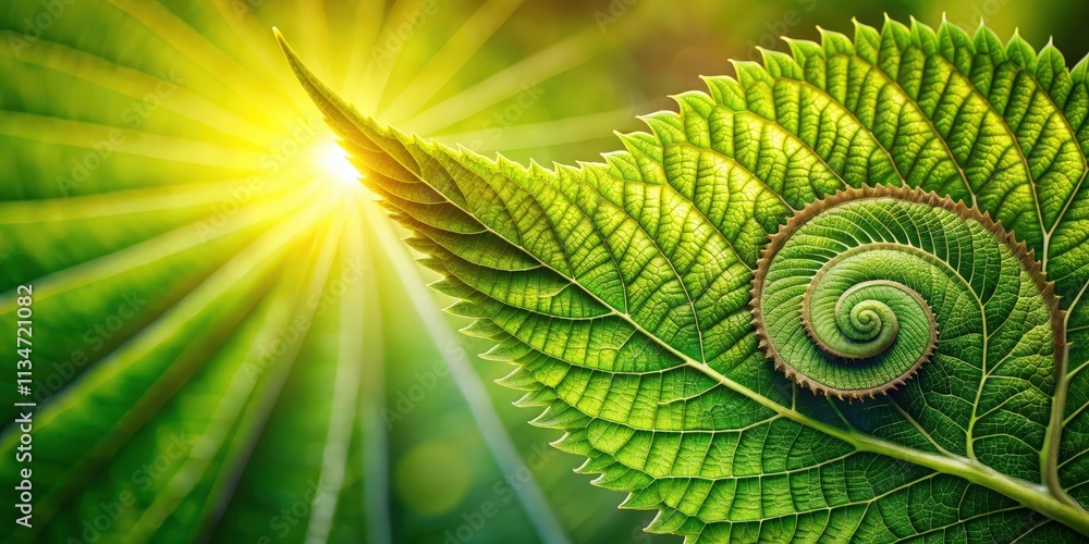 Poster A verdant leaf spirals inwards, creating a mesmerizing pattern, bathed in the warm glow of the sun.