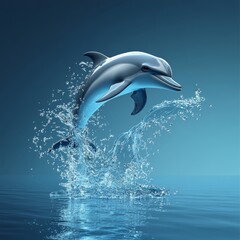 Fototapeta premium A dynamic 3D depiction of a dolphin leaping out of the water, isolated with a bright blue gradient