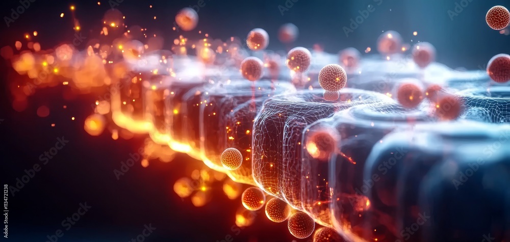 Poster a vibrant visualization of atomic structures, with glowing particles interacting on a surface, repre
