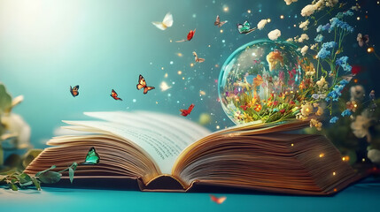 World book day. Fantasy and literature concept. 3D style Illustration of magical book with fantasy...