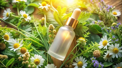 A frosted glass bottle of essential oil nestled in a bed of blooming chamomile, wildflowers, and green leaves, bathed in warm sunlight.