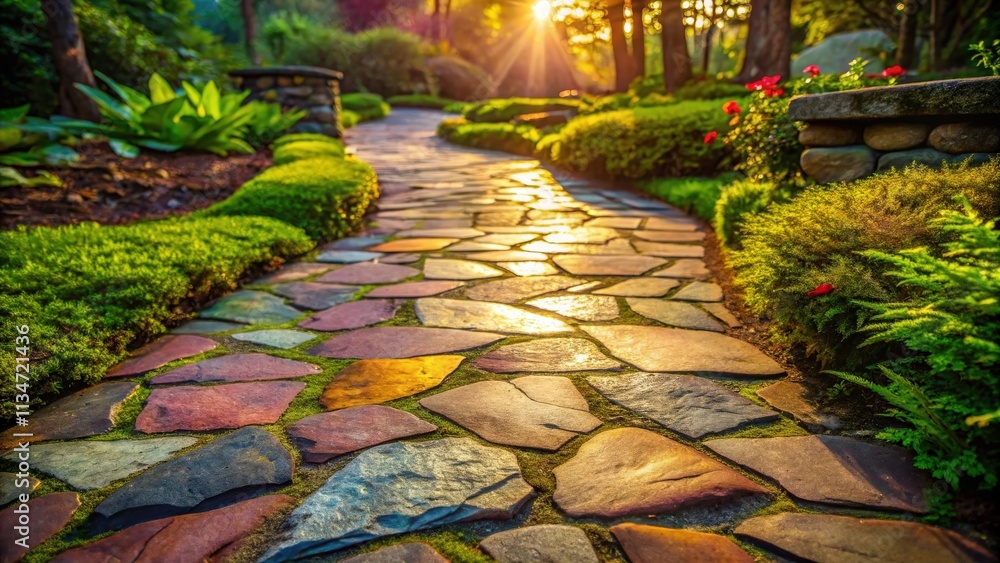 Poster a winding stone path through a lush garden bathed in the golden light of the setting sun.