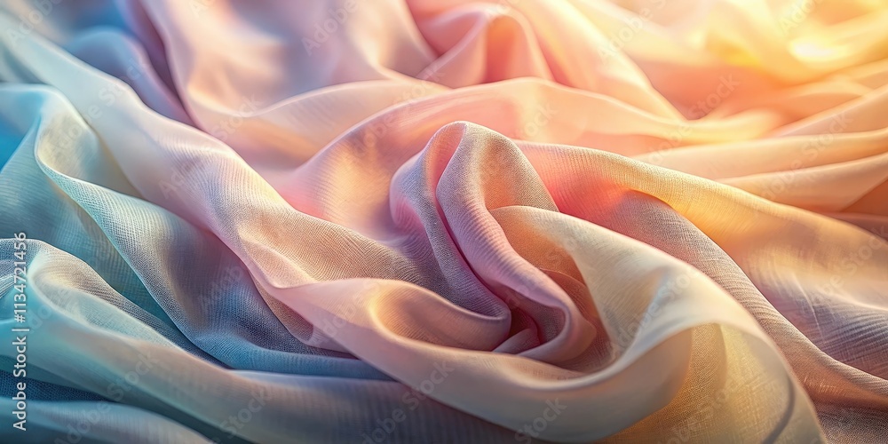 Poster A close-up of soft, ethereal fabric flowing and rippling in a vibrant pastel color gradient, capturing the delicate texture and gentle movement of the material.