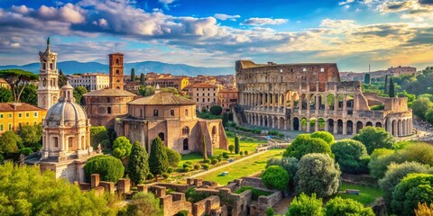 Fototapeta premium Breathtaking View of Ancient Ruins in Rome, Italy, Showcasing the Majestic Columns and Weathered Stone Structures Amidst Lush Greenery and Clear Blue Sky