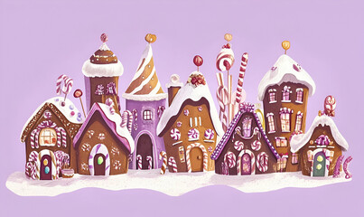Obraz premium A whimsical display of gingerbread houses adorned with candy and icing on a snowy background.