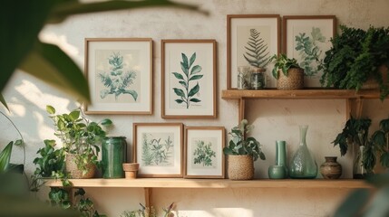 Botanical prints and potted plants on wooden shelves.