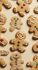 A festive arrangement of decorated gingerbread cookies in various shapes and designs.