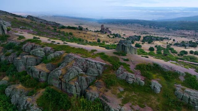 Landscape at the castle of Zafra (12th century). Municipality Campillo Due&ntilde;as. Aerial view from drone. Molina Alto Tajo Geopark. Alto Tajo Natural Park. Guadalajara. Castilla la Mancha. Spain. Europe