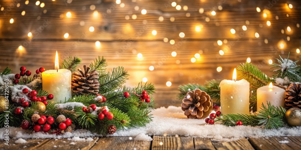 Poster a festive arrangement of candles and evergreen branches adorned with pinecones, berries, and a light