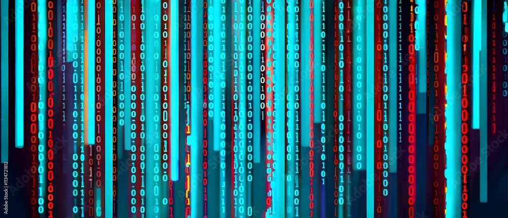 Poster binary code cascading down like digital rain, representing data insights, vibrant hues