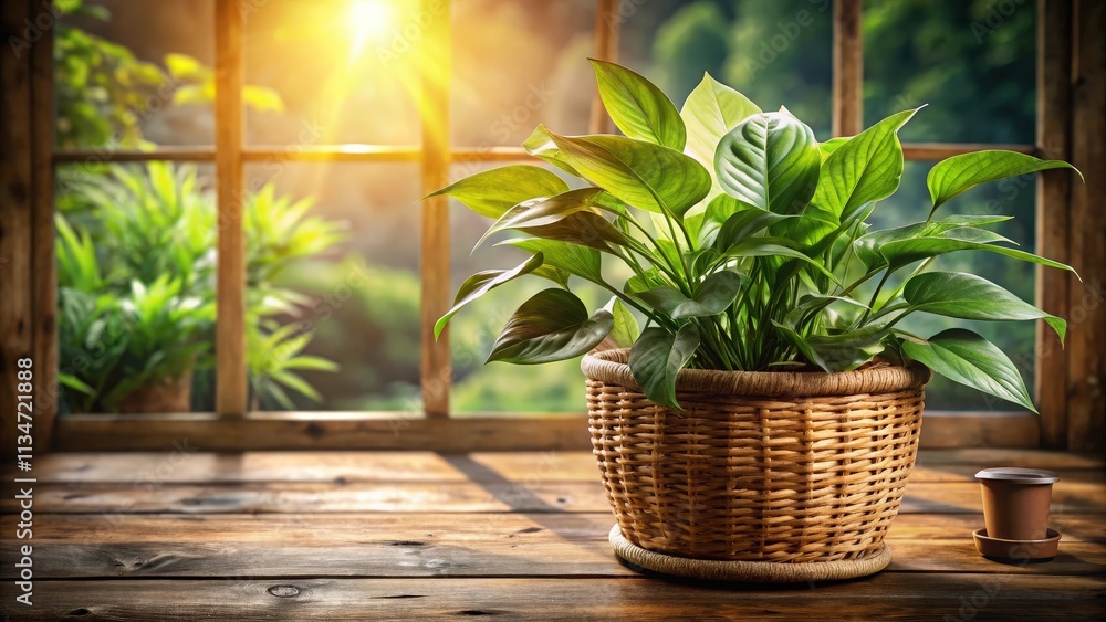 Poster sunlight streaming through window illuminates a houseplant in a wicker pot on a wooden sill