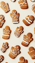 A collection of gingerbread mitten cookies decorated with icing on a light background.