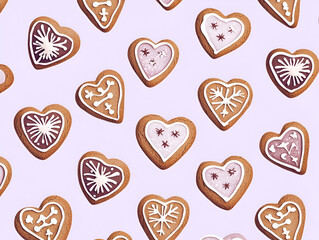 A collection of heart-shaped cookies decorated with icing on a pastel background.