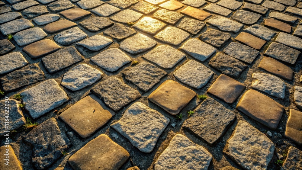 Leinwandbilder A cobblestone path bathed in the golden glow of the setting sun, showcasing a mesmerizing play of light and shadow on the uneven surface