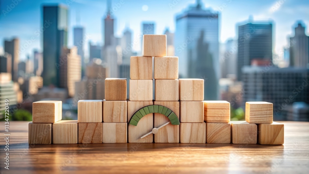 Poster Wooden Blocks Form A Bar Graph With A Green Gauge In Front, Representing Growth And Achievement