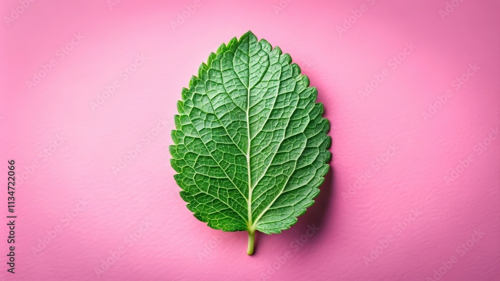 Poster a single green leaf with intricate vein patterns sits perfectly centered against a vibrant pink back