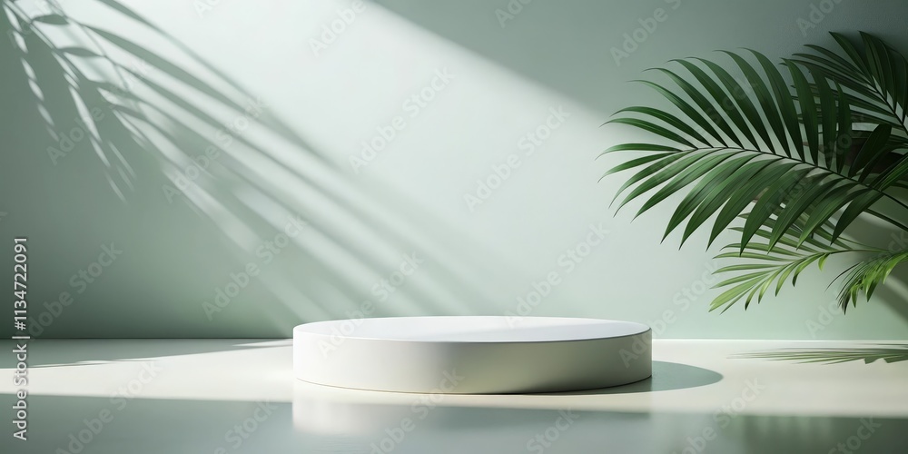 Poster Minimalist Product Display Featuring a White Platform in a Soft Green Room with Palm Leaf Shadows