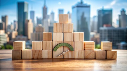 Wooden Blocks Form A Bar Graph With A Green Gauge In Front, Representing Growth And Achievement