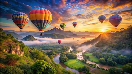 Fototapeta premium Breathtaking View of Tourists Riding Hot Air Balloons Over Scenic Landscapes at Sunrise, Capturing the Essence of Adventure and Travel in a Colorful Sky Filled with Balloons