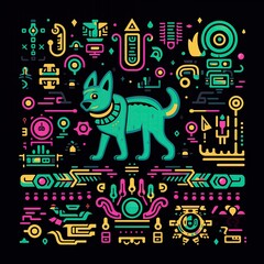 Naklejka premium Mayan Calendar Dog Design with Futuristic Patterns, Print for T-Shirt