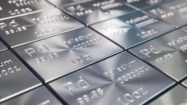 Palladium bars or ingots in a row and stacks, 3d animation