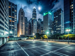 Fototapeta premium Serene Night in a Deserted Midtown Car Park of Hong Kong: A Documentary Perspective on Urban Isolation and Stillness in a Vibrant Cityscape