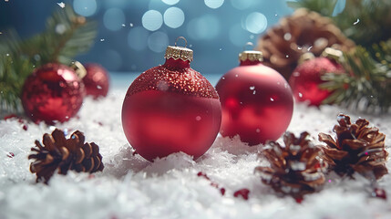 Red Balls Ornaments and Pine Cones on Snowy Outside Soft Blue Bokeh Backdrop 