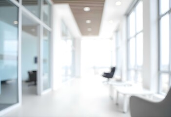 Blurred interior of a modern office with glass walls and doors , and some furniture visible in the background.
