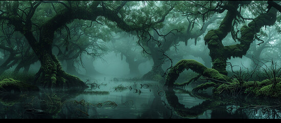 Eerie bog with dark, murky waters and twisted trees covered in moss, shrouded in a thick fog.